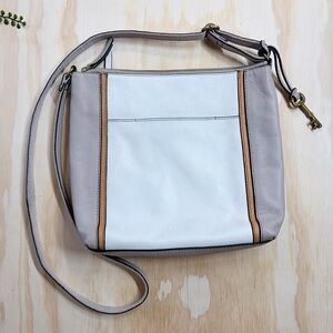 Fossil Tara Leather Crossbody Bag Gray White Tan Colorblock Brass Key